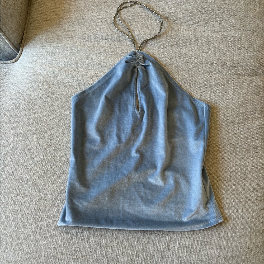 Baby blue velvety reformation crop top chain closure